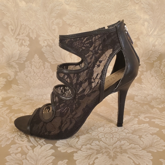 Black Lace Guess Cut Out Zip Heel Peep Toe Sandals Pumps - Picture 5 of 12